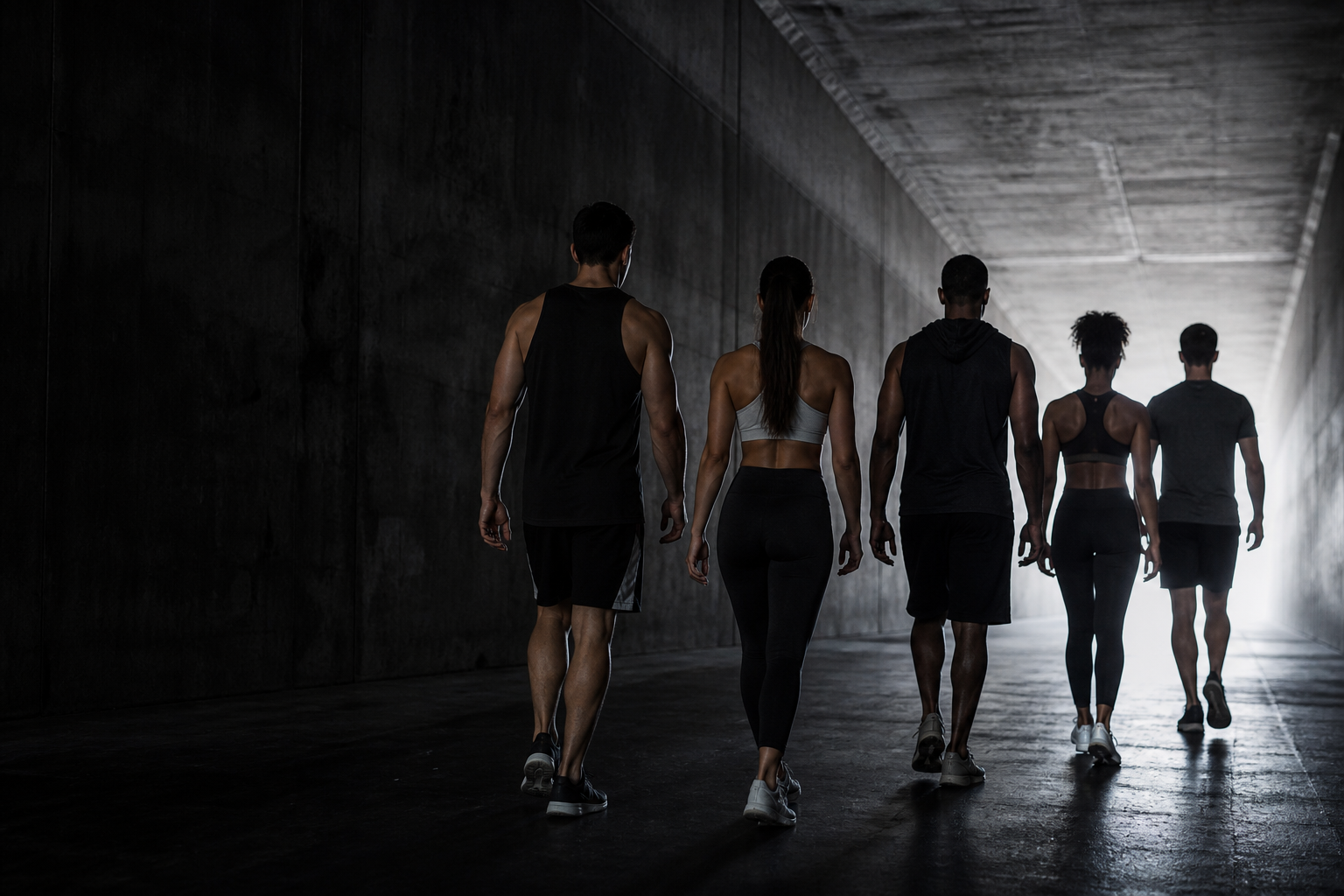 Athletes walking through a tunnel
